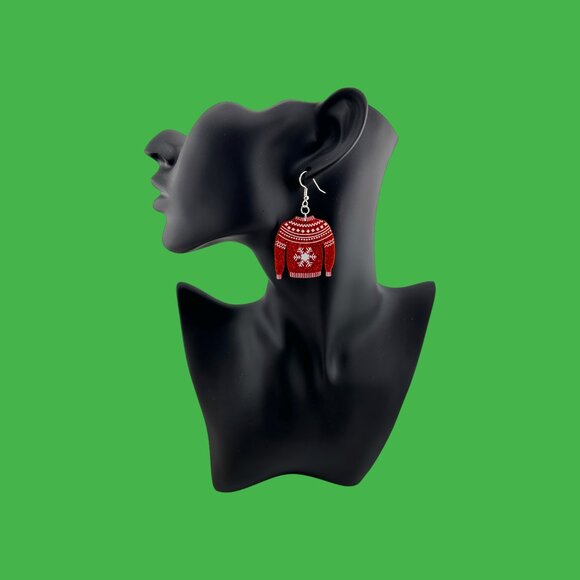 Sparkly Red Sweater with Snowflake Silver Plated Ear Wires - Picture 3 of 3